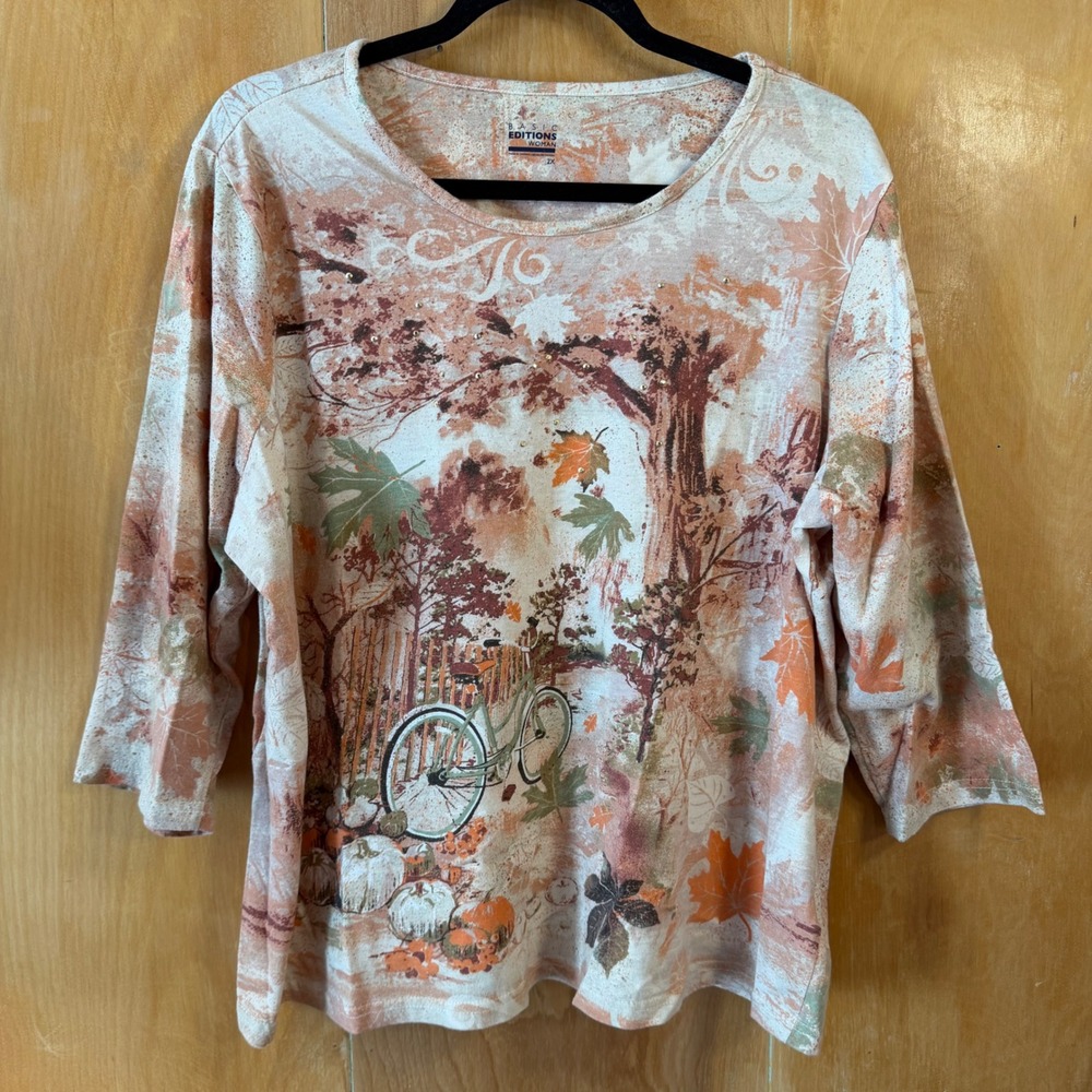 Basic Editions Woman Fall Bicycle Pumpkin Leaf Studded Top 2X Orange Brown
